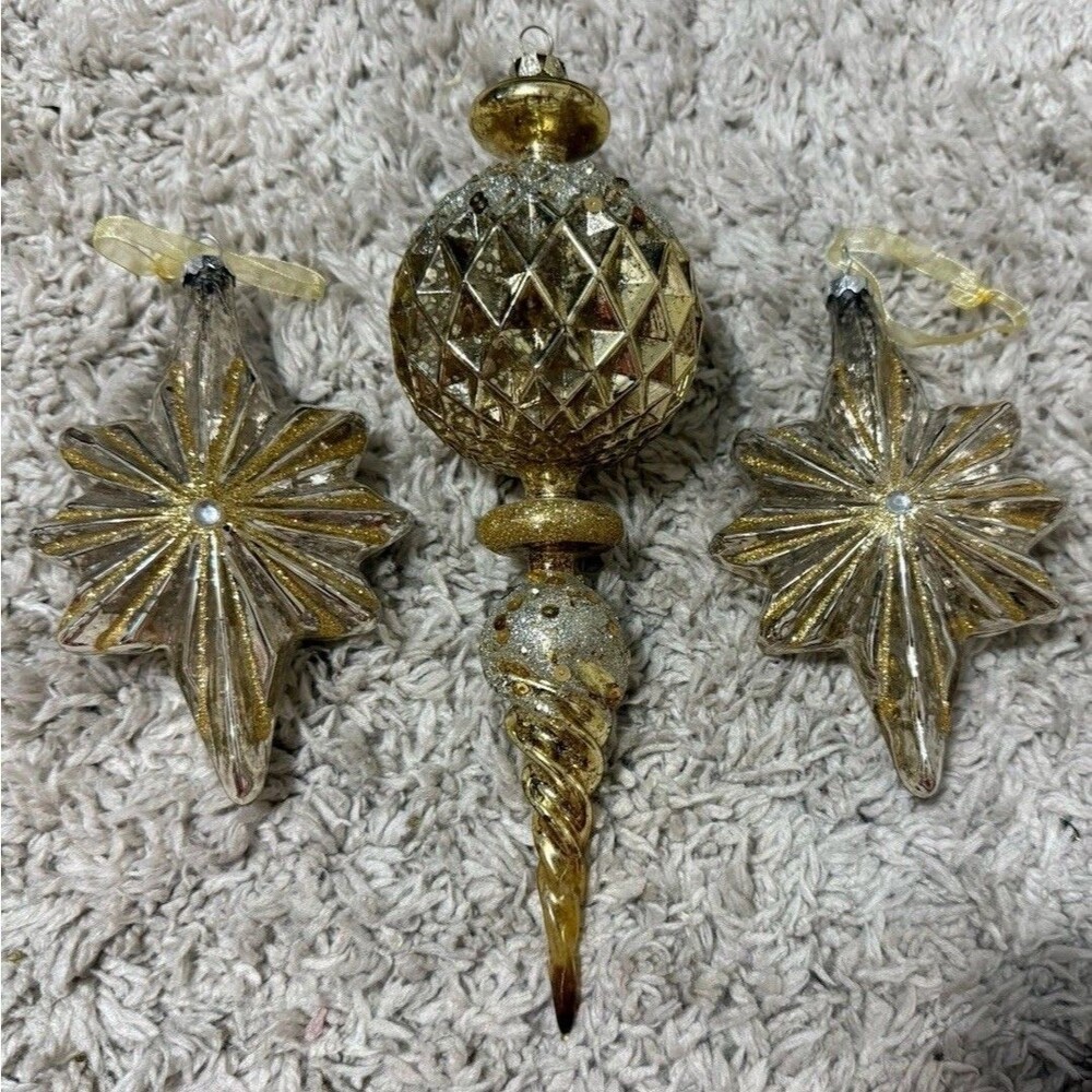 Contemporary Mercury Glass Finial Drop Christmas Ornament And Stars Lot Large